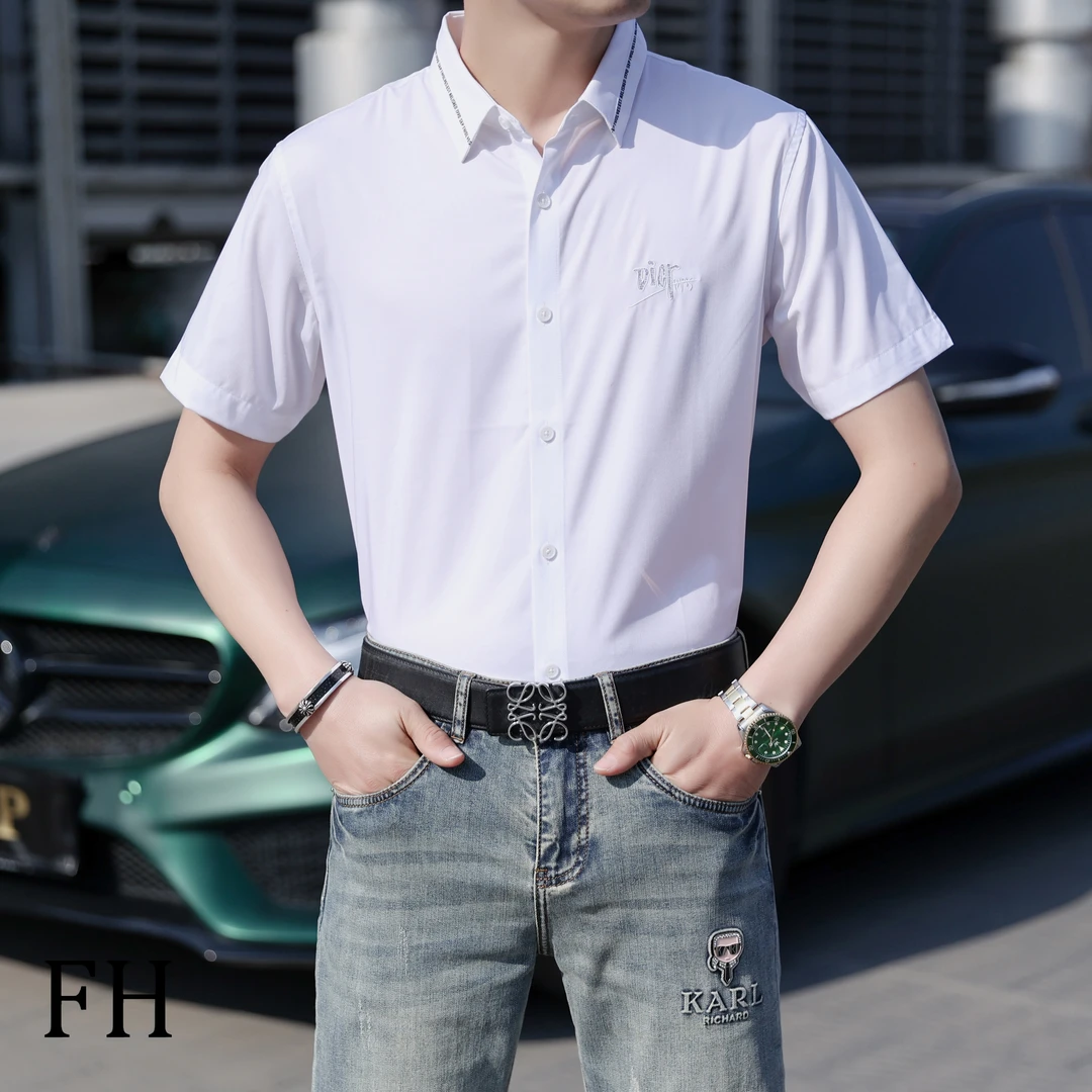 【慕克男装】痞帅修身纯色男新款潮牌刺绣修身休闲春夏男士衬衫