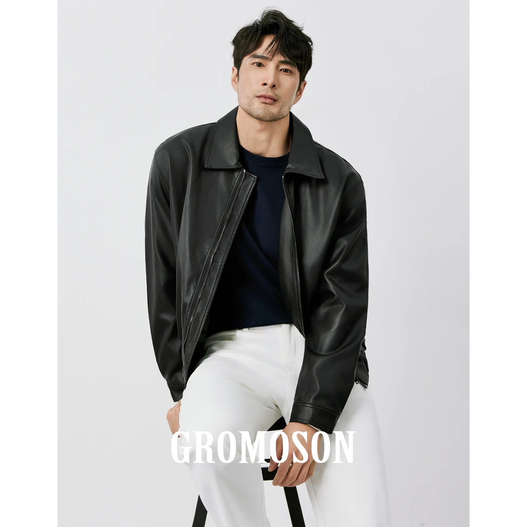 秋季男士翻领黑色短款PU皮夹克美式高级感痞帅休闲机车皮衣男外套