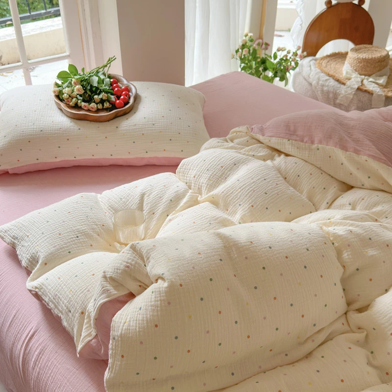 A类母婴级少女全棉双层皱皱纱奶油波点四件套纯棉被套床单超柔软