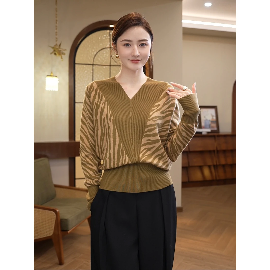 2025秋冬今年流行爆款【8248】含绵羊毛洋气慵懒斑马纹针织衫上衣女
