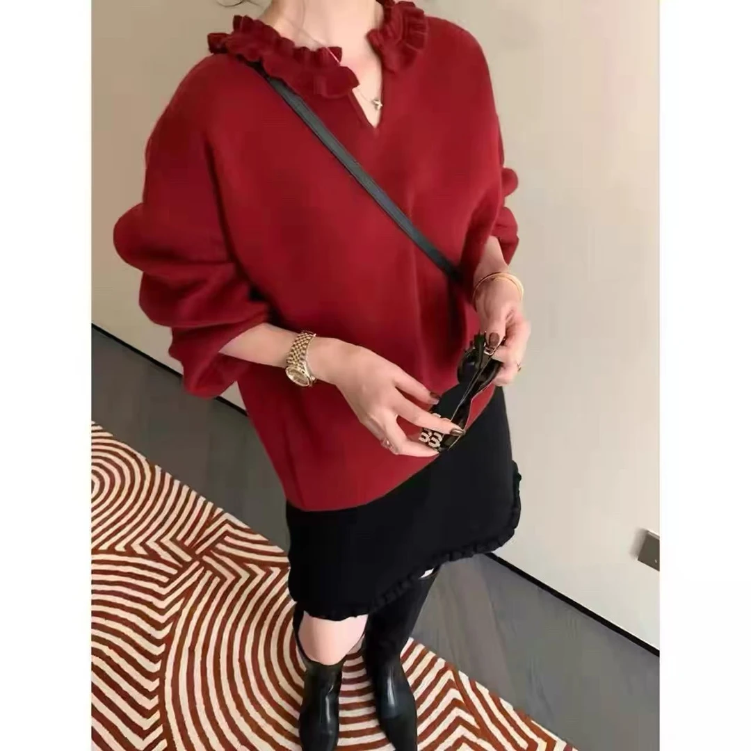 ZH 2-65231新款荷叶花边小V领毛衣