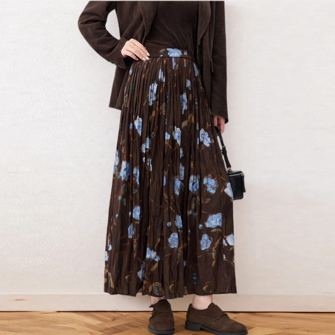 厚款复古山茶花半身裙女2025秋冬新款百褶裙中长款A字裙休闲慵懒