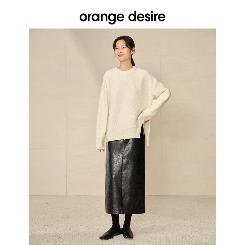 orange desire廓形圆领侧开叉毛衣针织衫春季宽松上衣OD2CWZ9043