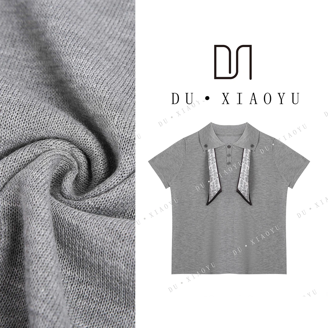 DUDU~【带丝巾】Y7182新款翻领气质夏季针织衫薄款中袖女T恤套头