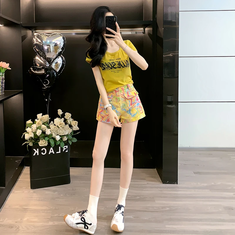 纯欲风短袖t恤女2025新款洋气辣妹上衣工装牛仔短裤a字阔腿裤热裤