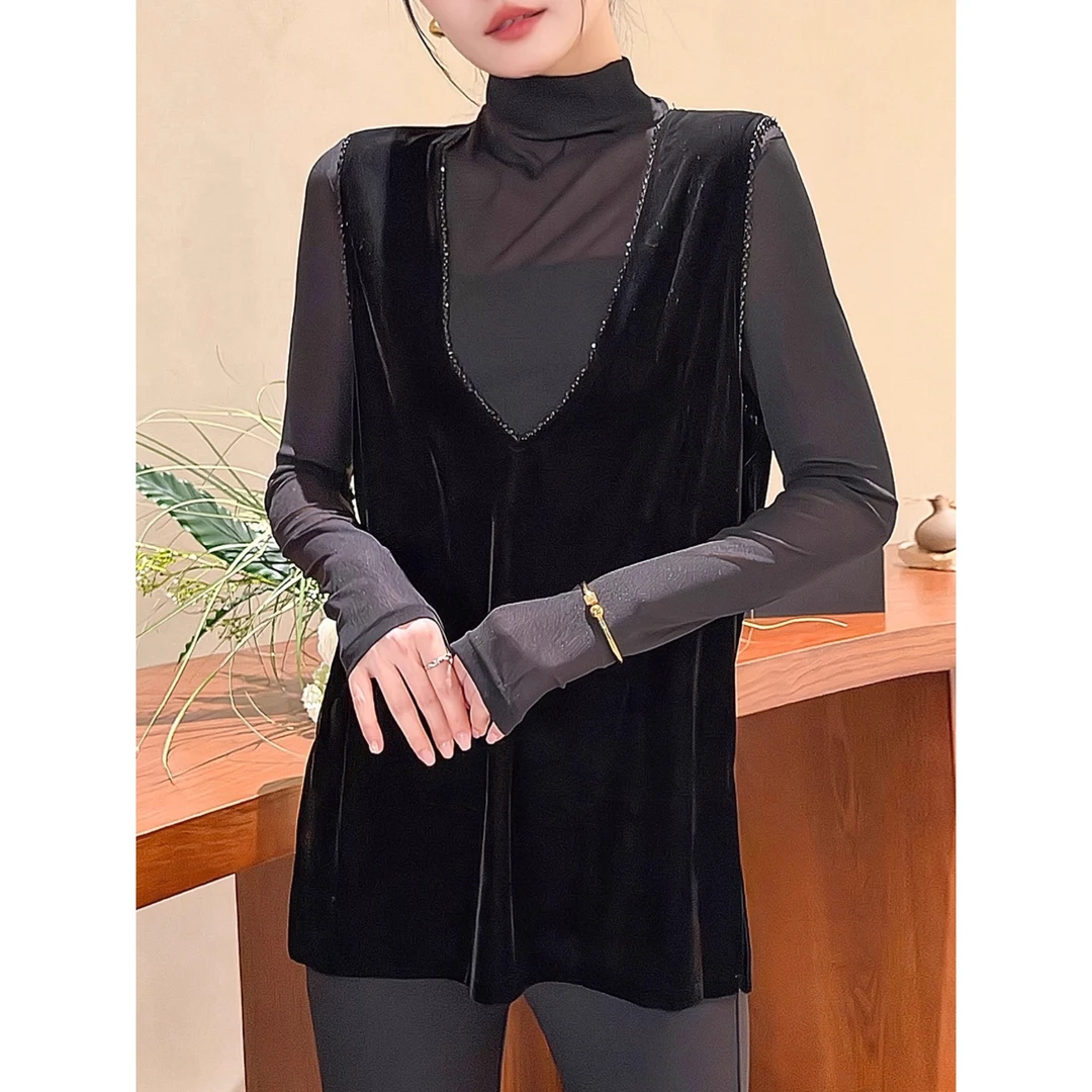 黑色v领丝绒马甲背心吊带女冬马夹宽松中长款内搭打底设计感上衣