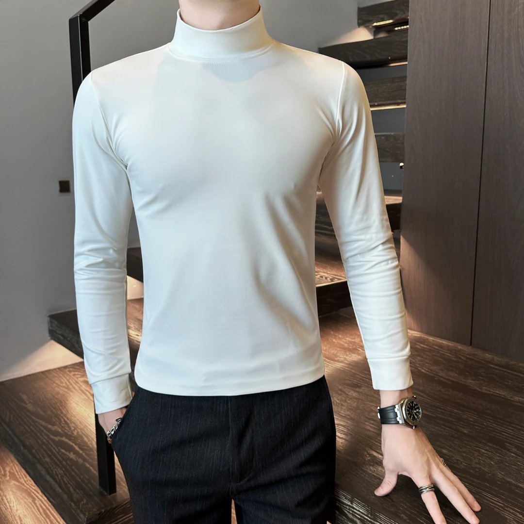 秋季新款鲨鱼皮半高领打底衫男高级感痞帅休闲纯色中领长袖T恤潮