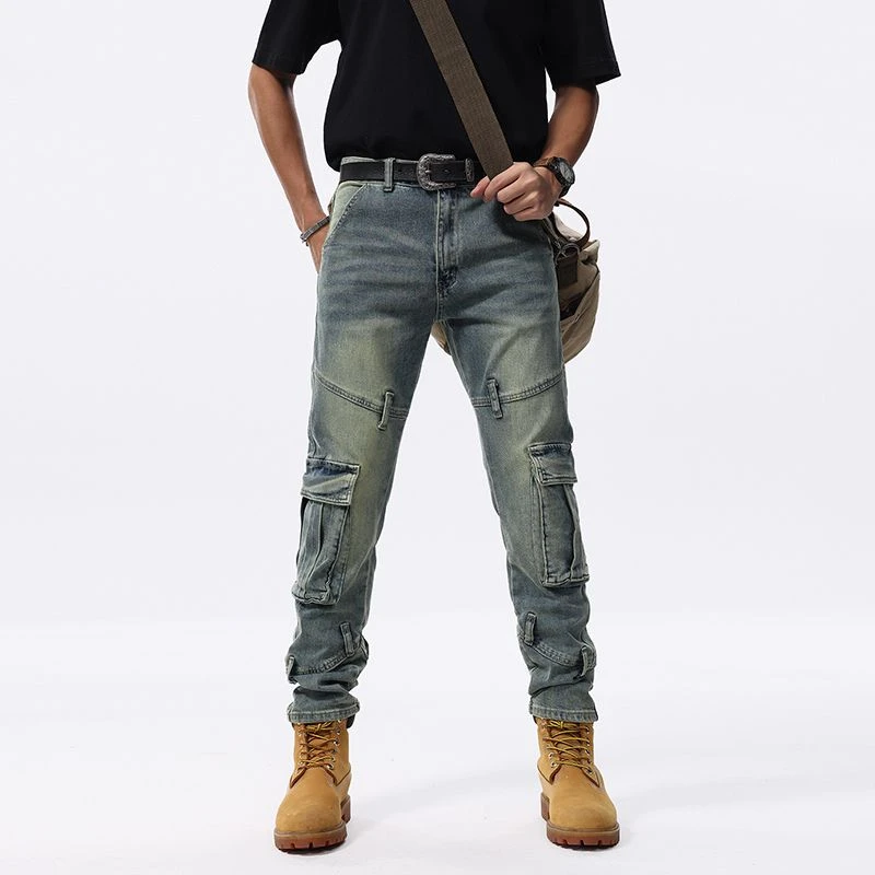 多口袋潮牌机车牛仔裤男士欧美复古潮流拼接高端时尚修身小脚长裤