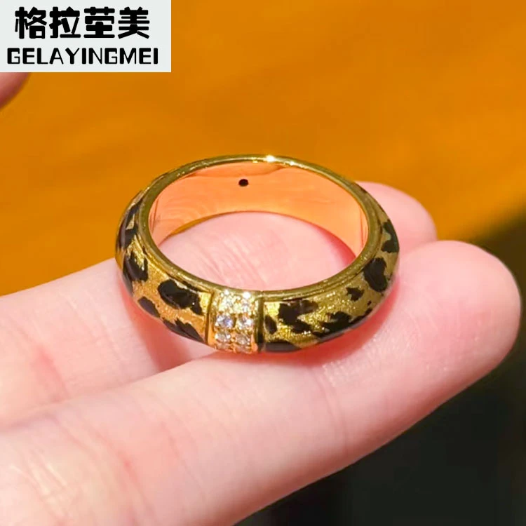 格拉茔美5D硬金足金999镶嵌珐琅豹纹黄金戒指时尚男女款指环送礼