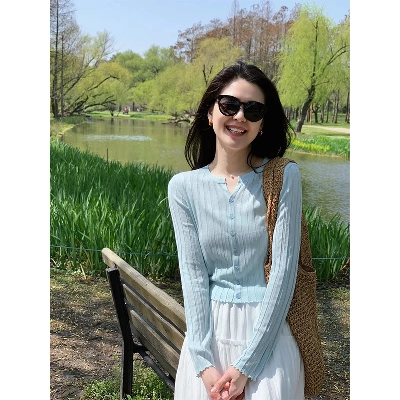 蓝色针织开衫女夏季薄款防晒衫吊带外搭罩衫修身短款显瘦上衣外套