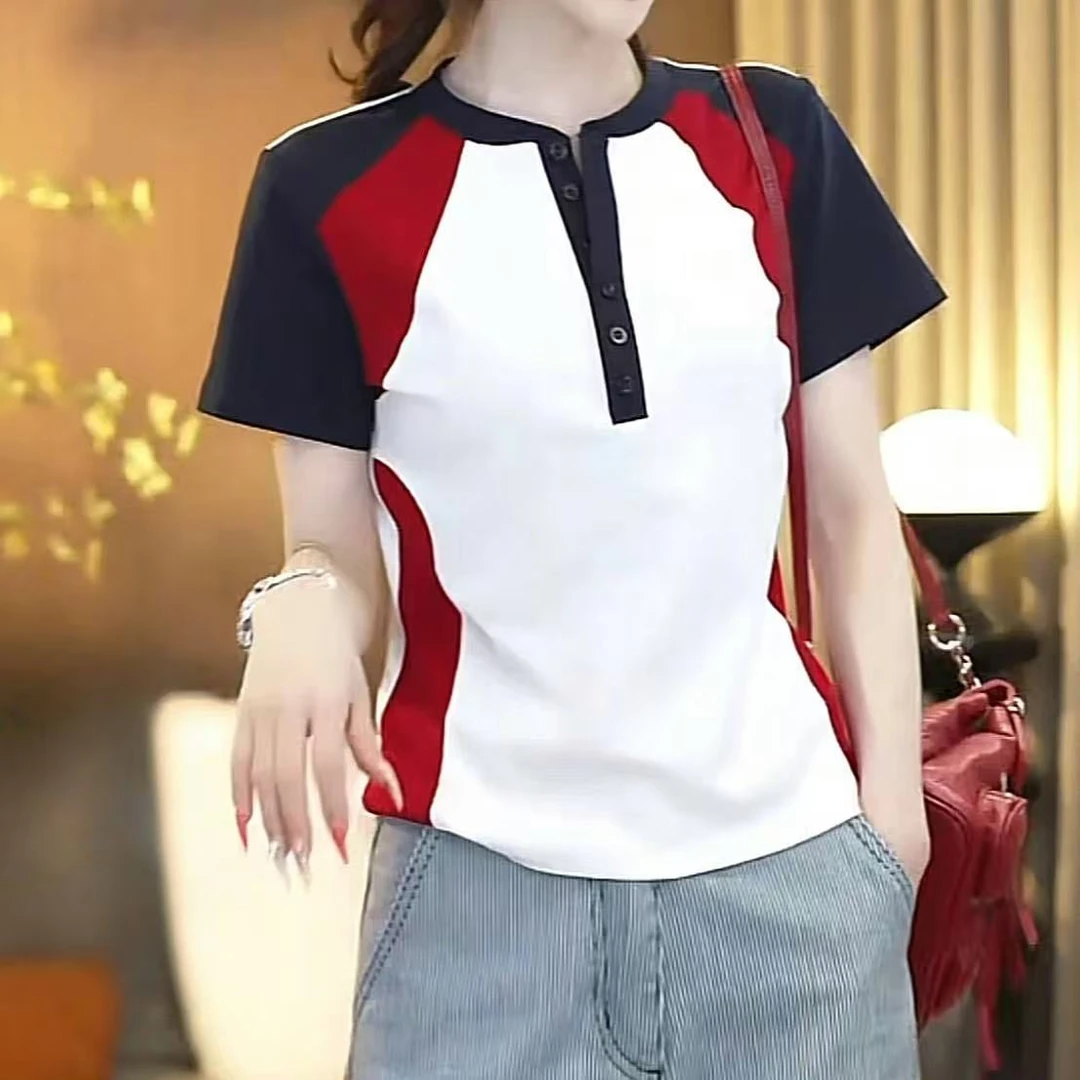 美式撞色修身显瘦拼接圆领经典短袖T恤女2025夏季新款别致上衣