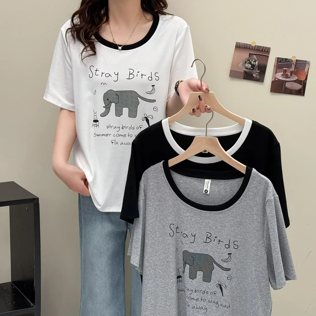 小薇大码女装休闲设计感短袖圆领印花百搭大码休闲风常规款T恤