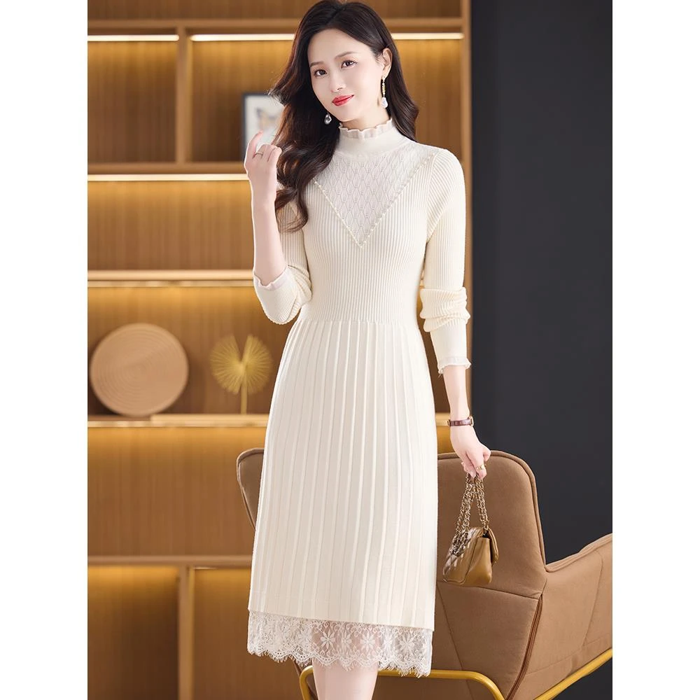 蕾丝边连衣裙冬季内搭配大衣的毛衣裙长款收腰气质得体裙子高级感