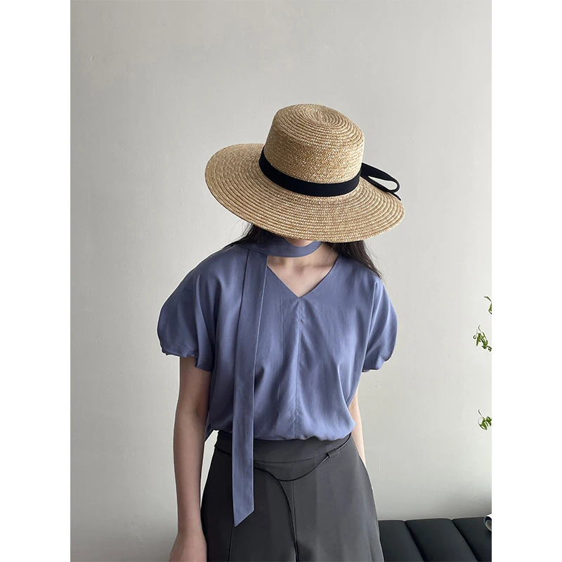 法式V领飘带泡泡袖衬衫25春夏气质百搭上衣