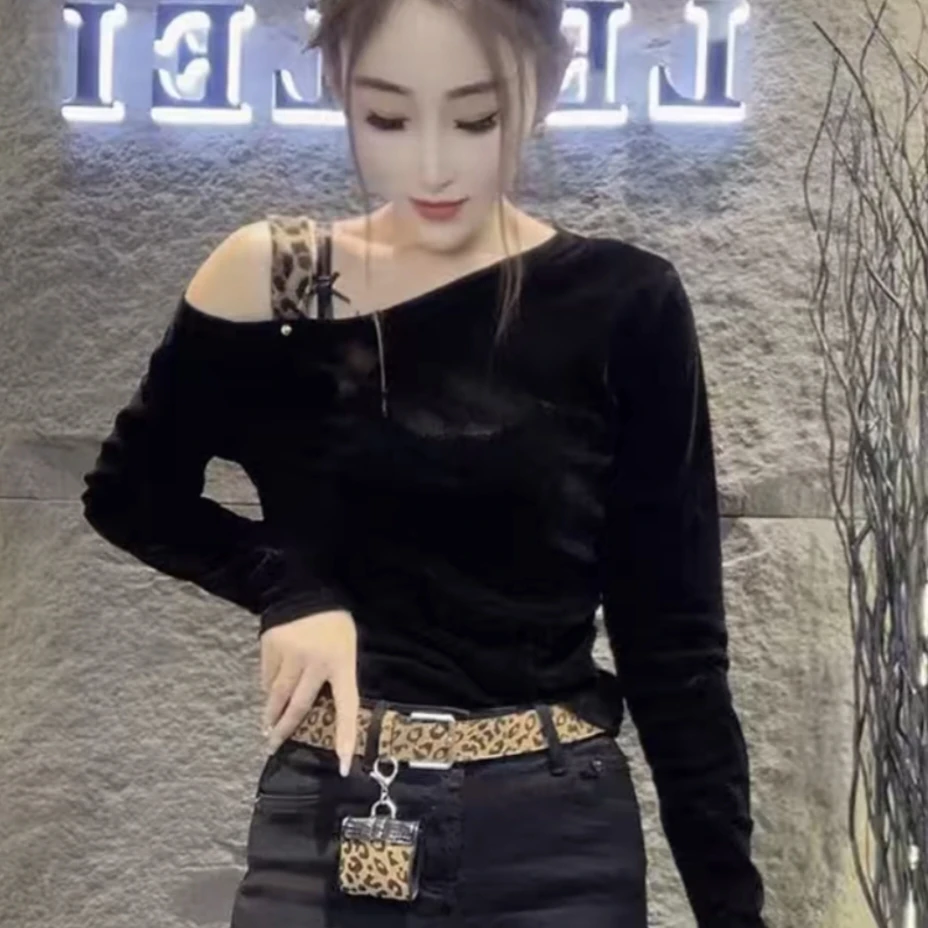 拼接抗皱长袖V领常规款不起球T恤打底衫洋气上衣黑色秋冬显瘦修身