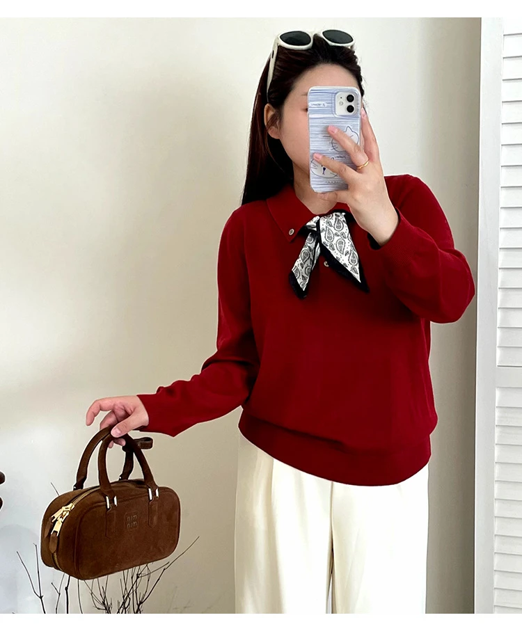大码女装气质polo领丝巾上衣2025秋款胖mm宽松休闲针织衫女555