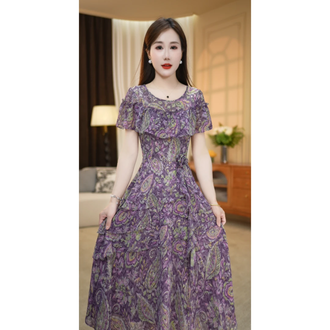 【连衣裙】夏季新款圆领花色设计感洋气收腰中长款连衣裙M-4XL