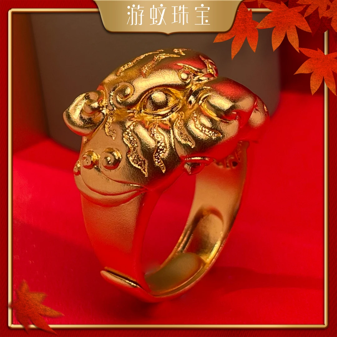 游蚊珠宝足金999黄金虎头戒指古法老虎霸气百搭男戒纯金活口指圈