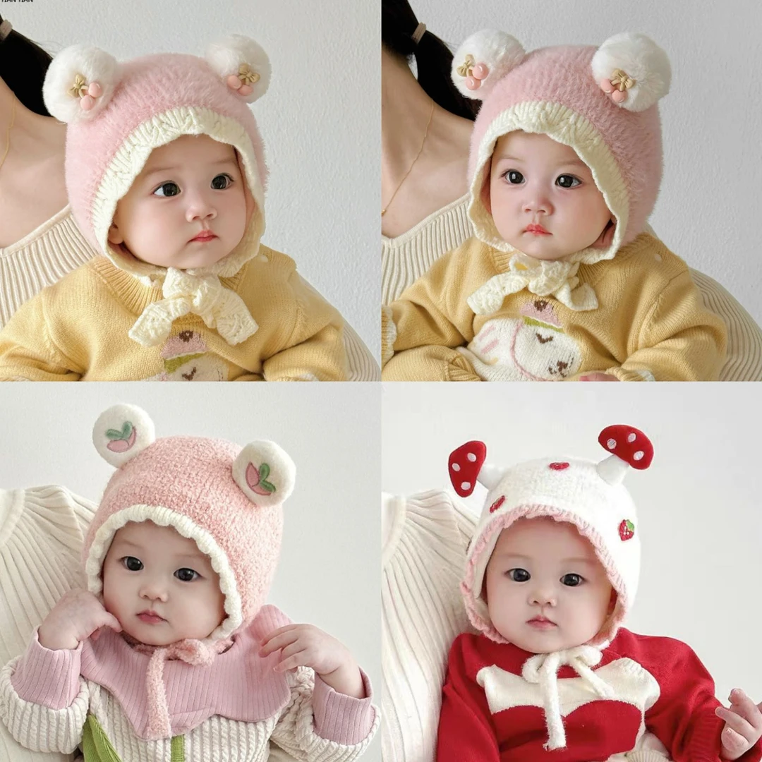 女宝宝儿童护耳帽冬季双层保暖公主花边婴幼儿包头毛绒帽子防风帽