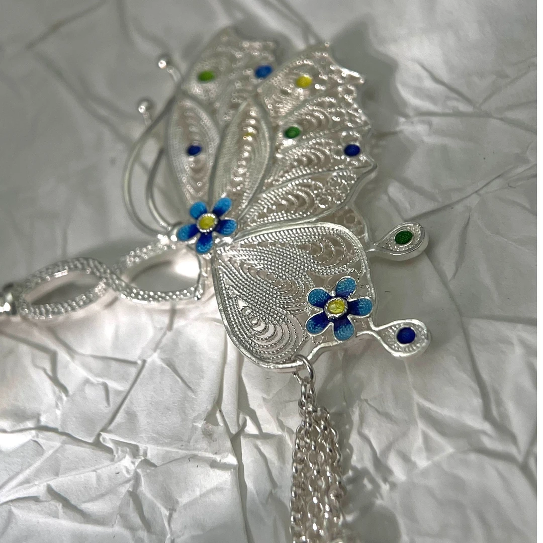 足银银制品 黔艺足银蝴蝶珐琅彩绣球发簪花丝工艺纯手工