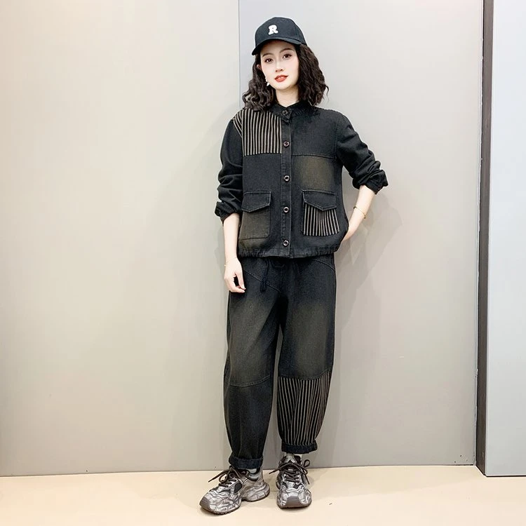 2025秋季新款时尚洋气牛仔套装气质春秋复古拼接宽松女装牛仔复古