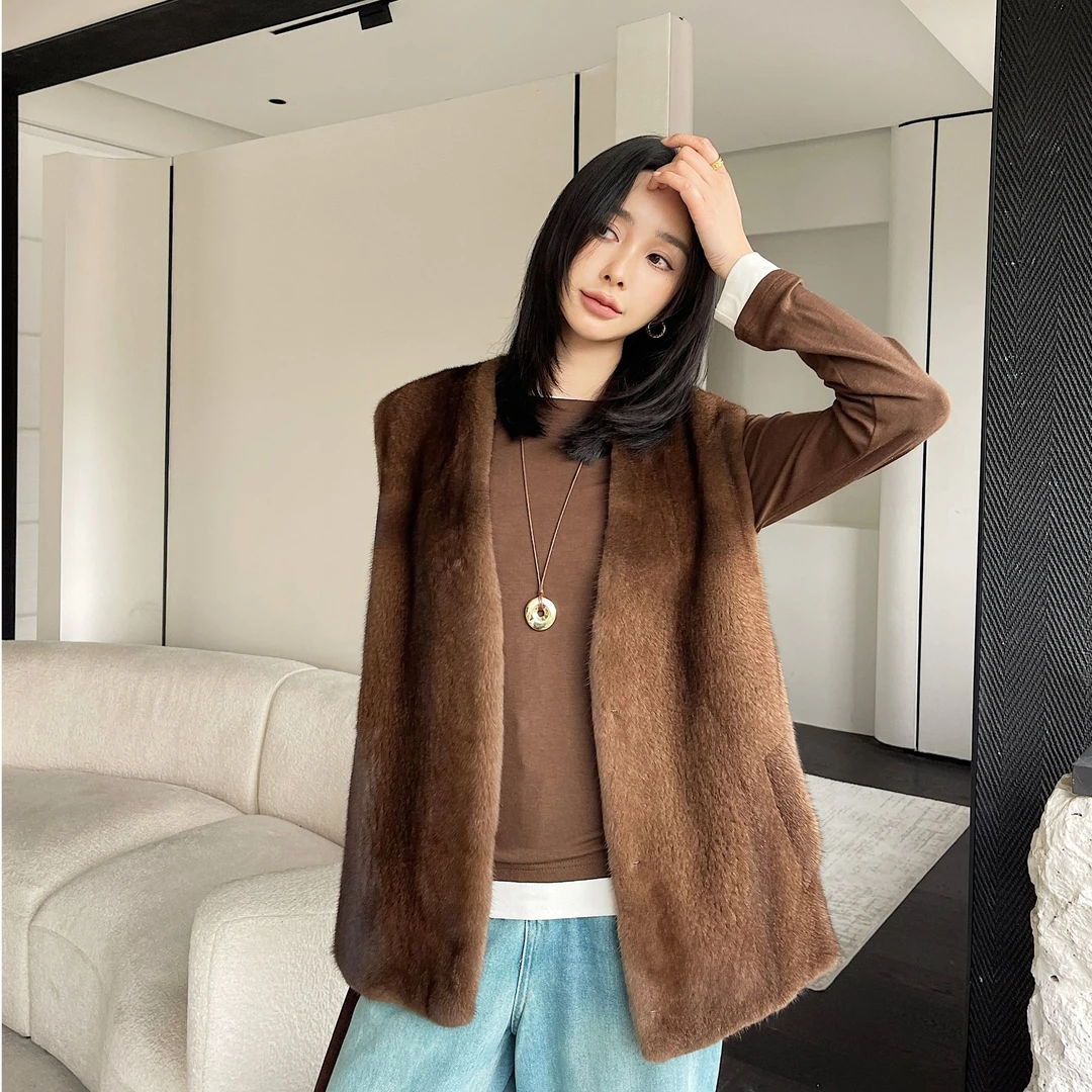 【婷婷】天鹅绒级别水貂整貂海宁皮草v领马甲外套秋冬气质大衣女