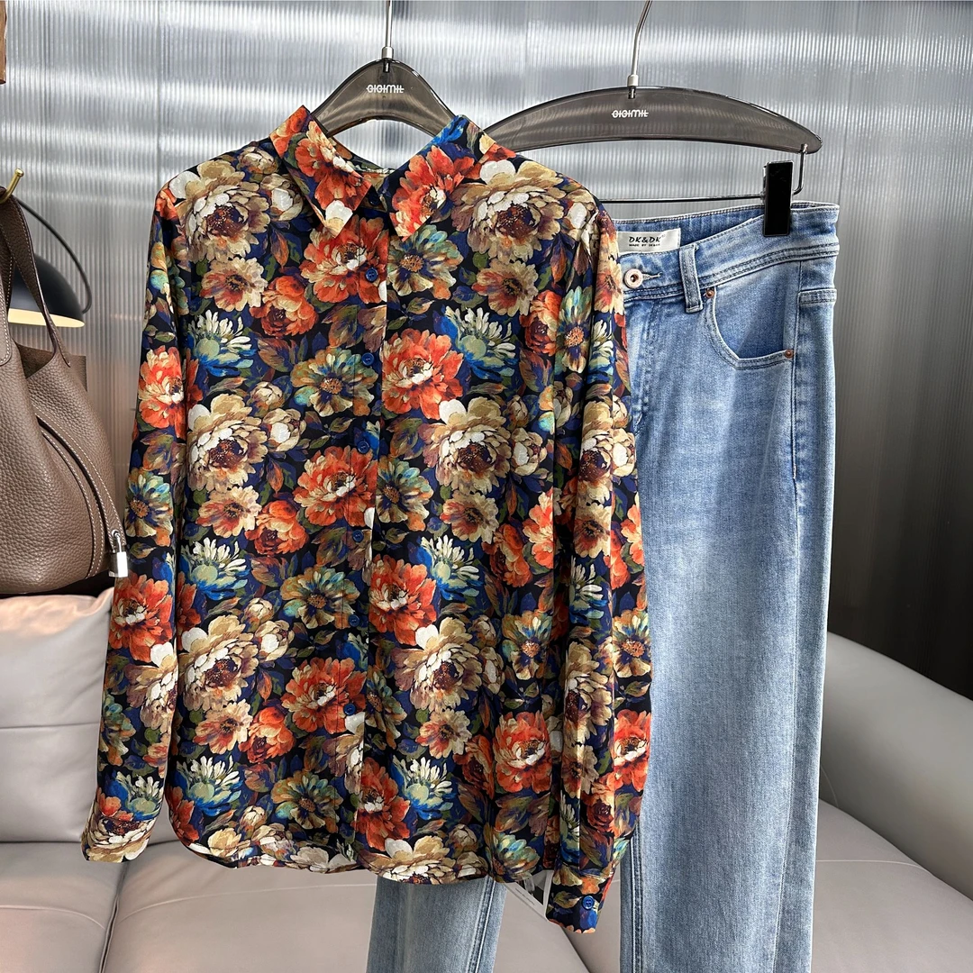 原里时尚轻奢碎花女衬衫气质高级百搭印花衬衣