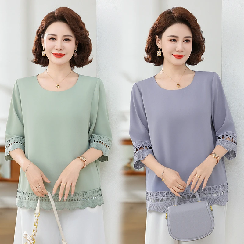妈妈夏装新款洋气宽松雪纺衫中老年女装夏季中袖T恤显瘦小衫上衣
