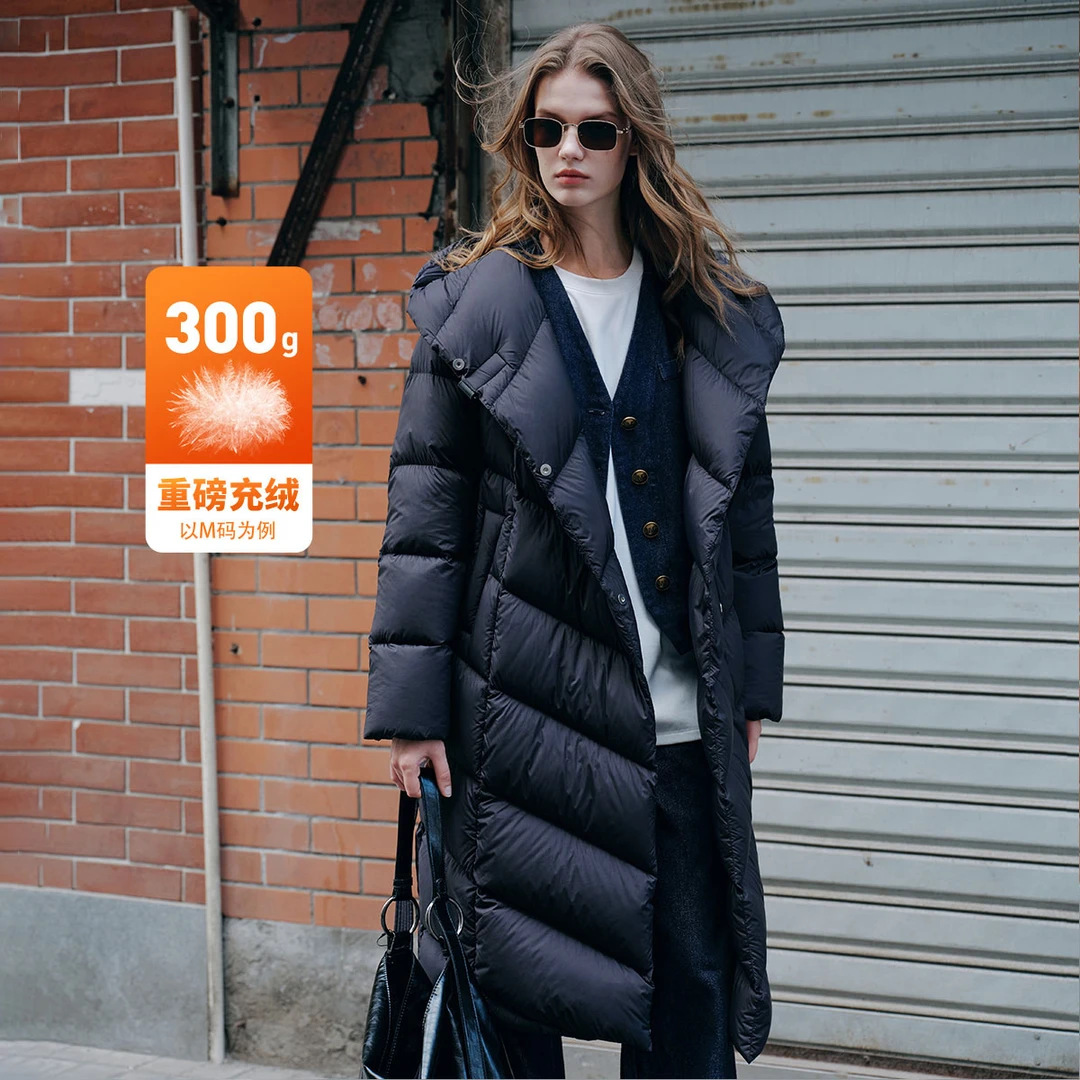 [重磅白鹅绒]navigare意大利小帆船90绒连帽羽绒服女中长收腰外套