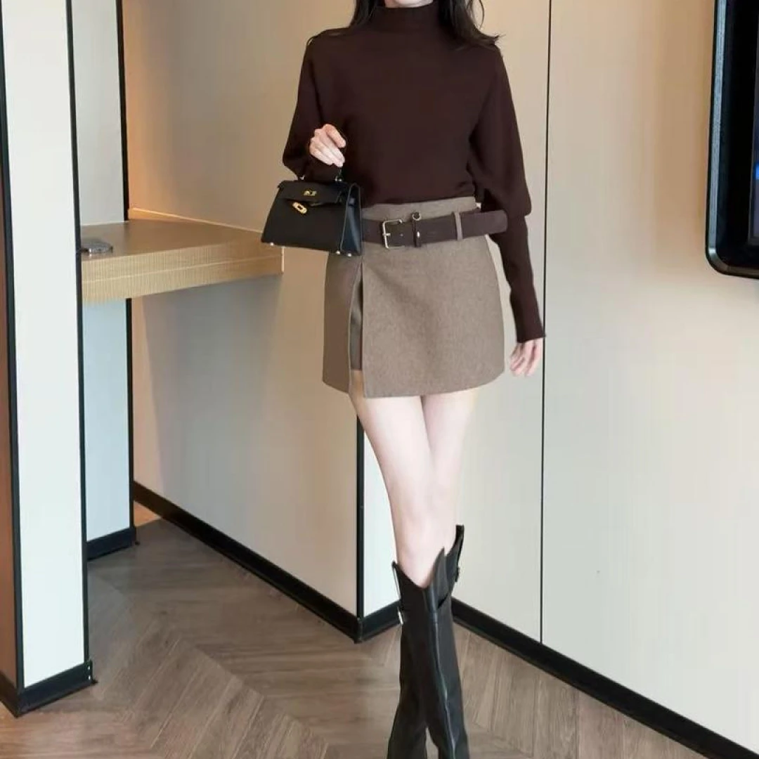 气质简约百搭高领蝙蝠袖小蛮腰毛衣女秋冬开叉毛呢半身裙裤两件套