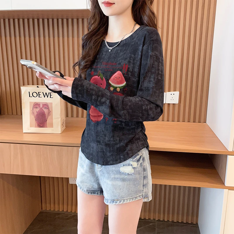 美式扎染时尚卡通印花秋季新款长袖T恤女修身高级感小众褶皱上衣