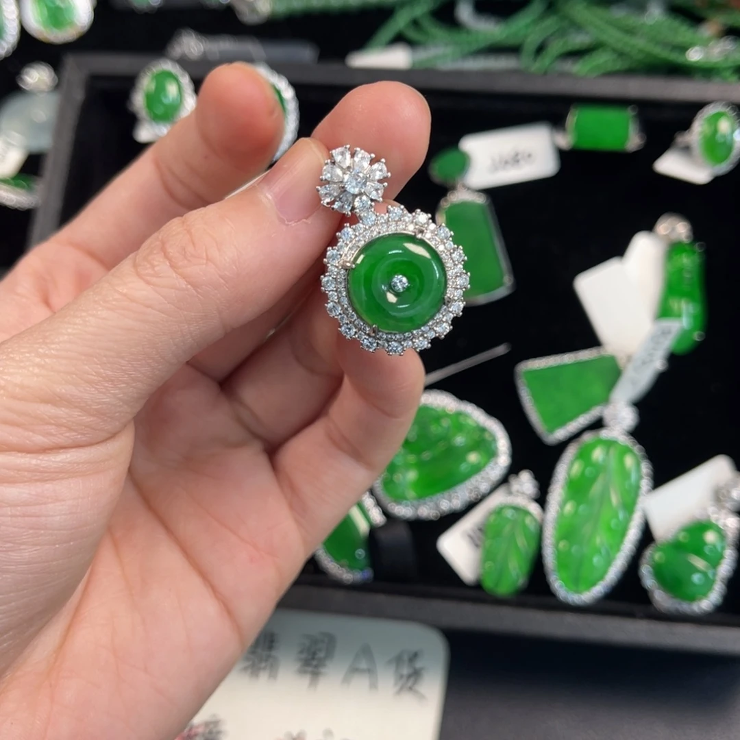 翡翠银S925镶嵌戒指平安扣吊坠