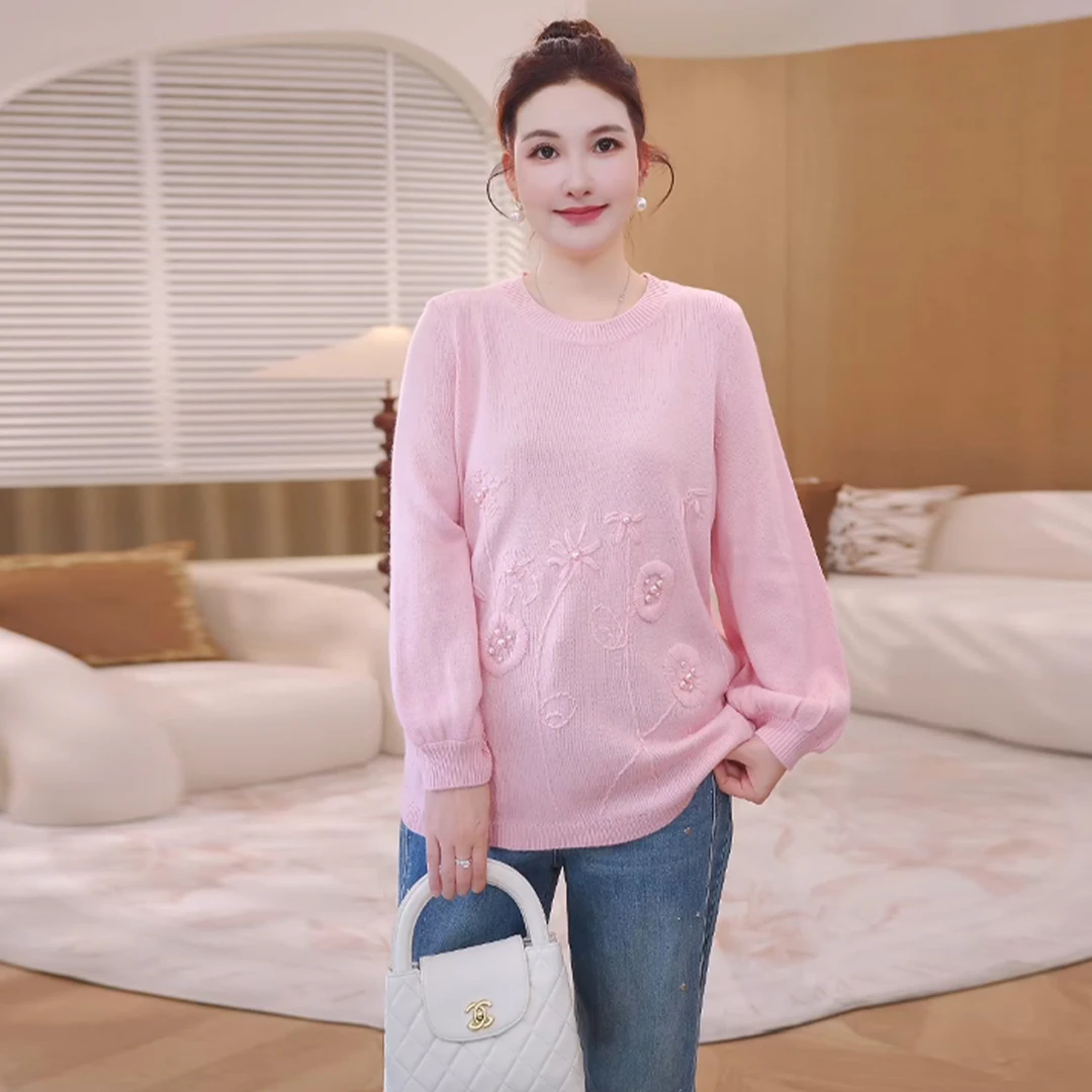 【28支仿羊绒】MsShe大码女装2025新款秋重工钉珠毛衣S~E2509004