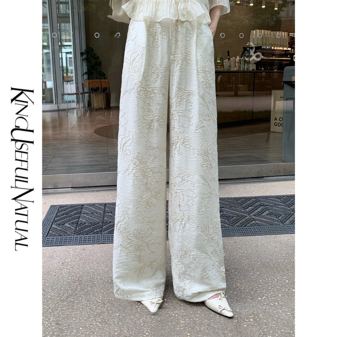 KUN【晚秋】慵懒时髦 手绘风花朵纹理定制金线刺绣日常休闲阔腿裤子