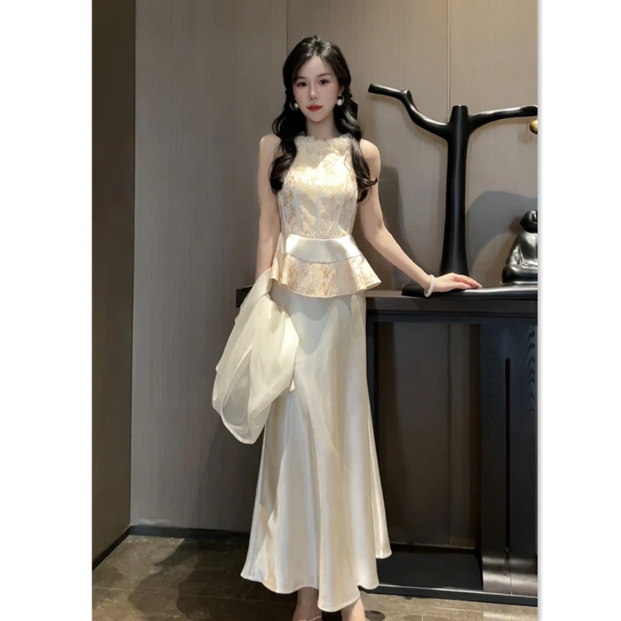 新中式国风套装女夏季2025新款花边背心上衣网纱罩衫半身裙三件套