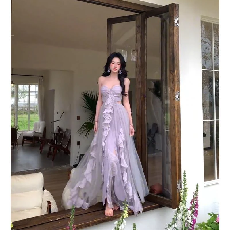 法式紫色网纱荷叶边吊带连衣裙女装夏季海边度假绝美不规则长裙子