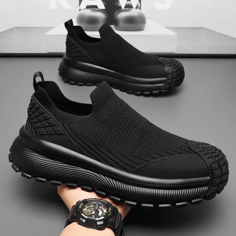 网红男鞋轻便飞织弹力网面透气一脚蹬百搭男士厚底舒适潮牌懒人鞋