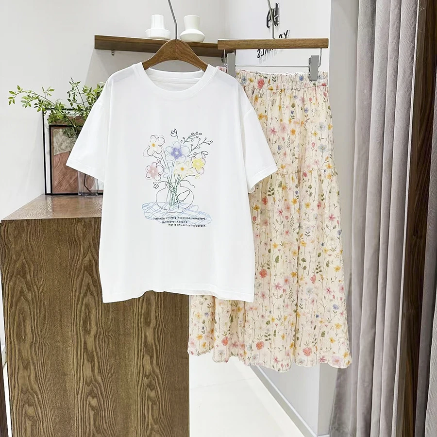 夏季女大童休闲T恤碎花裙套装白色百搭短袖+半裙亲子装-SU754