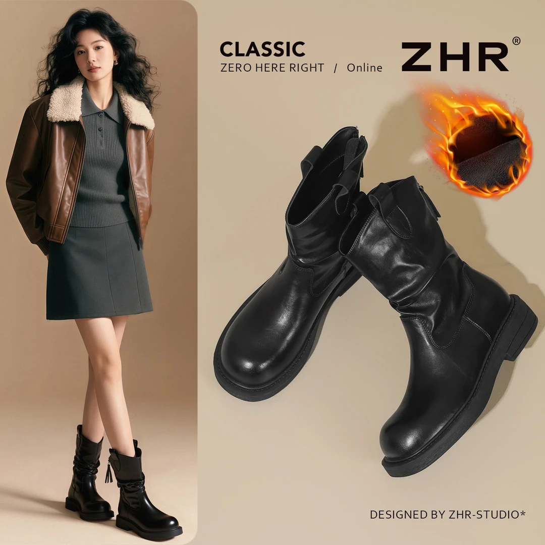 ZHR短靴女秋冬新款英伦风黑色马丁靴V口褶皱堆堆靴粗跟显瘦中筒靴