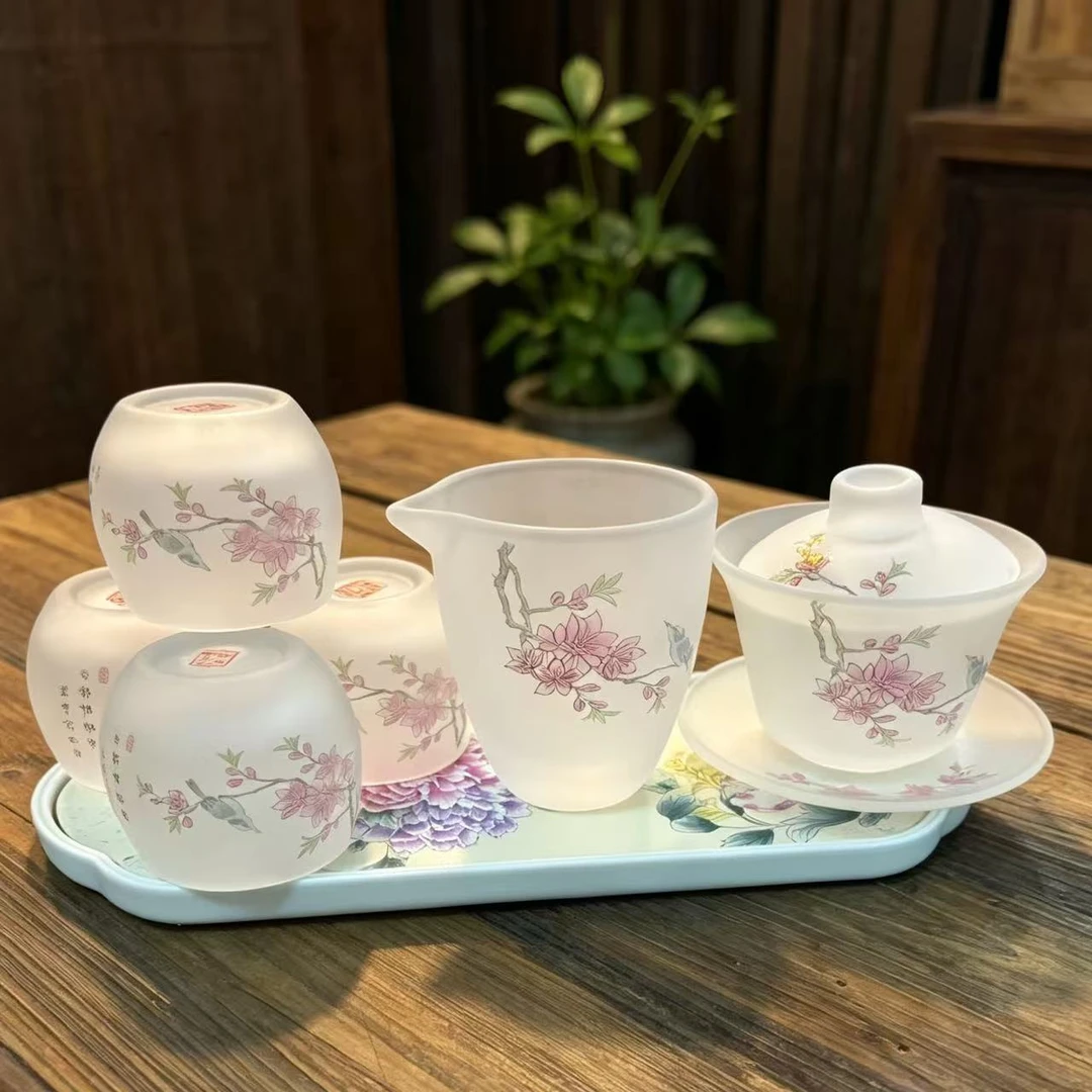 喜上眉梢琉璃盖碗+公道杯+4杯+盘-0425