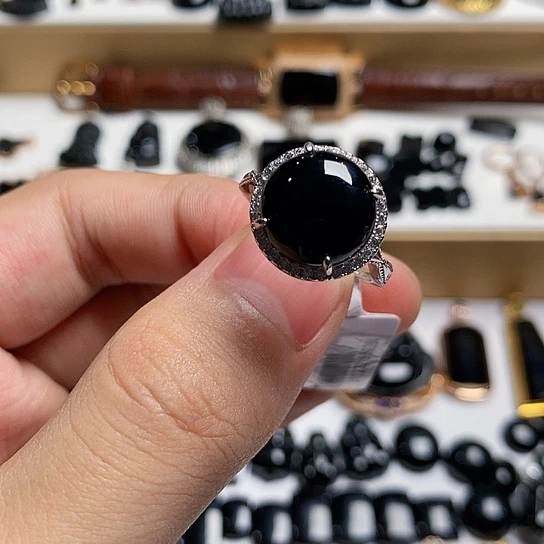 银S925镶嵌戒指翡翠缅甸天然a货墨翠