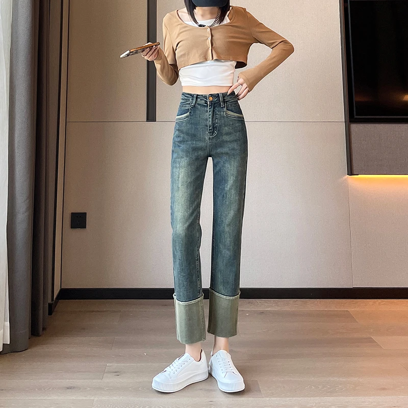 3689烟管裤女2025新款夏季撞色拼接高腰遮肉小个子直筒牛仔裤