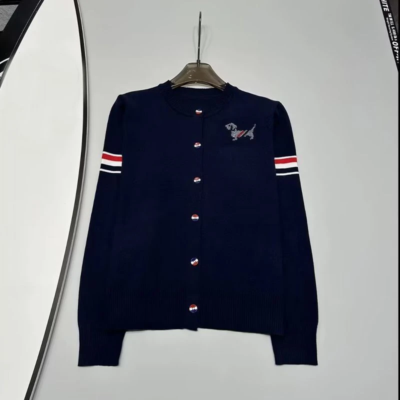 毛衣女款2025款网红款韩版欧货时尚拼色条纹毛衣开衫外套女刺绣女