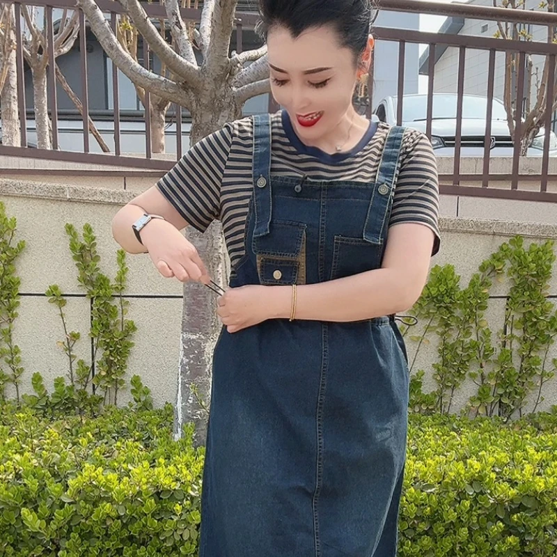 夏季新款时尚减龄假两件牛仔背带裙9938女宽松显瘦休闲连衣裙子