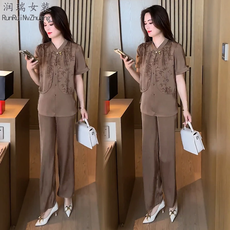 气质妈妈装两件套减龄中国风韩版上衣休闲百搭时尚套装2025国风潮