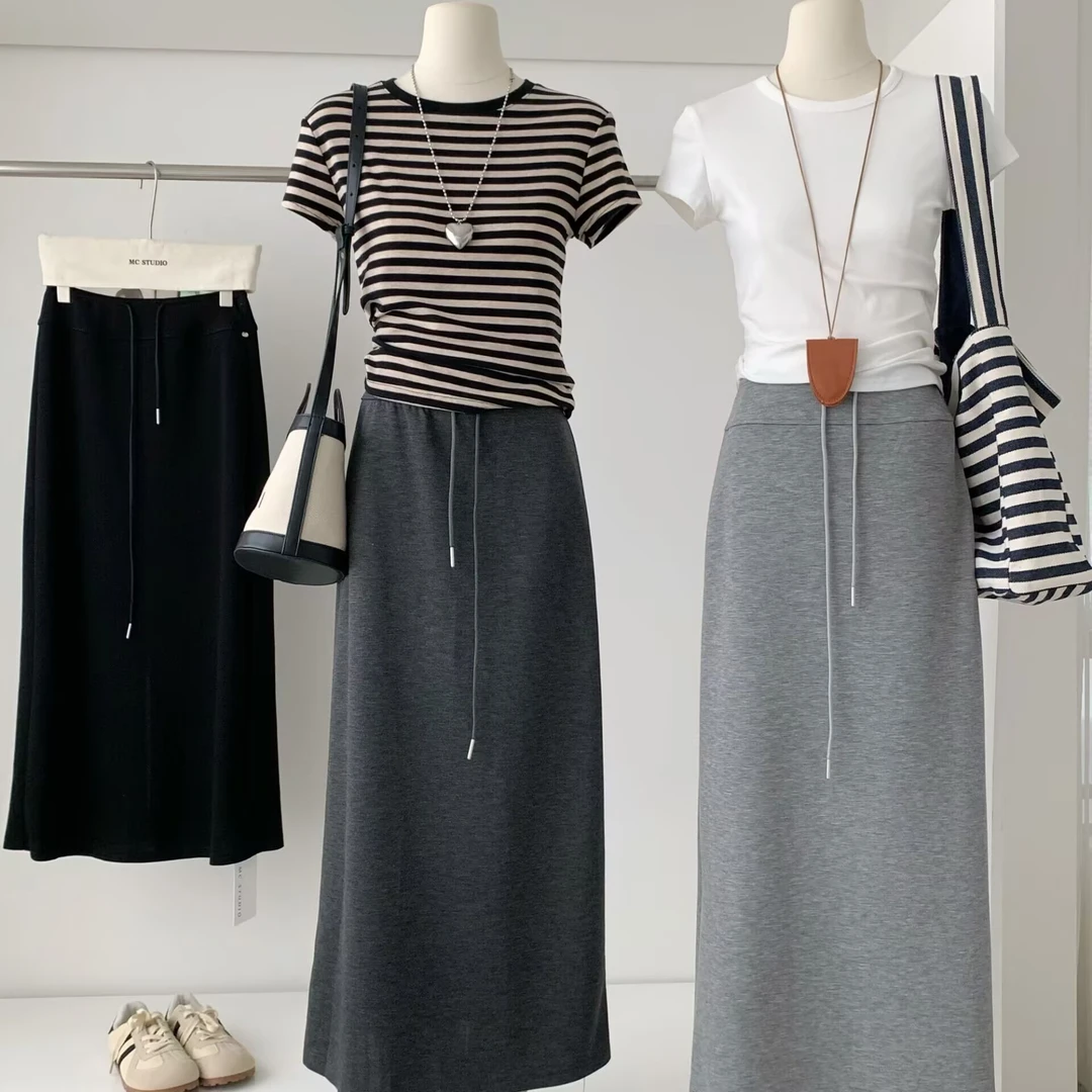 2025秋季新款空气棉半身裙高腰松紧抽绳垂坠感直筒开叉A字半身裙