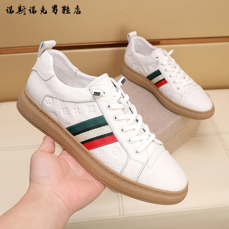 欧洲站男鞋广州爆款条纹轻奢系带压花小白鞋平底运动潮流休闲板鞋