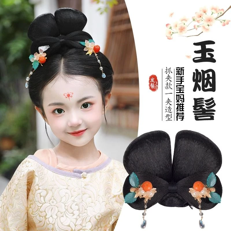 儿童汉服发髻古风一体式懒人发包古装女童舞台演出造型垫发包头饰