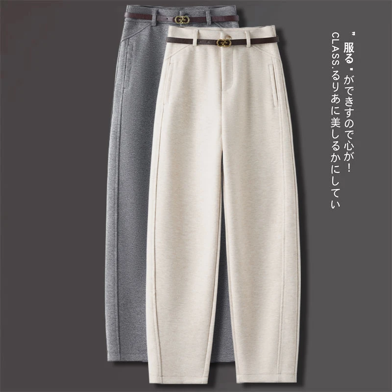 灰色加绒羊毛弯刀裤女冬季2025新款高腰毛呢休闲裤遮肉显瘦镰刀裤