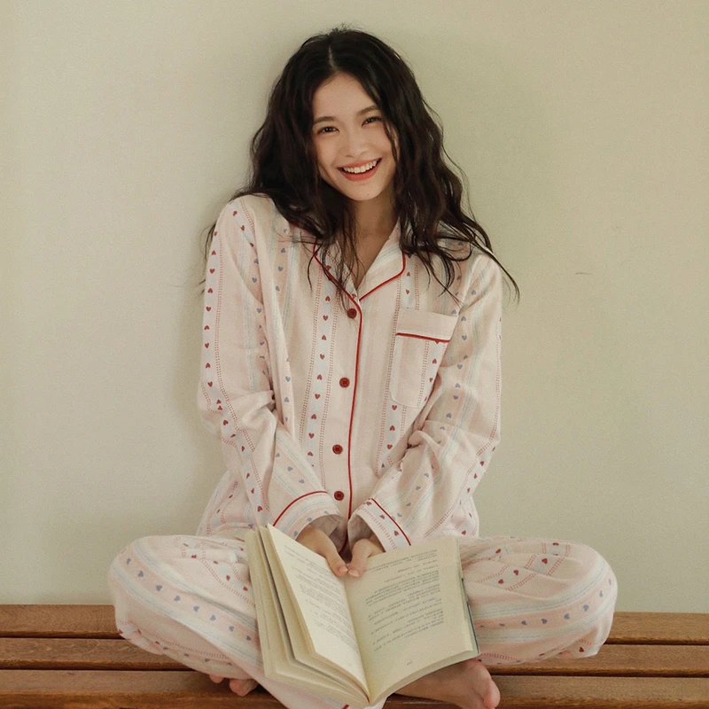 【段姐家居服】全棉磨毛爱心翻领长袖长裤睡衣翻领款春秋简约甜美
